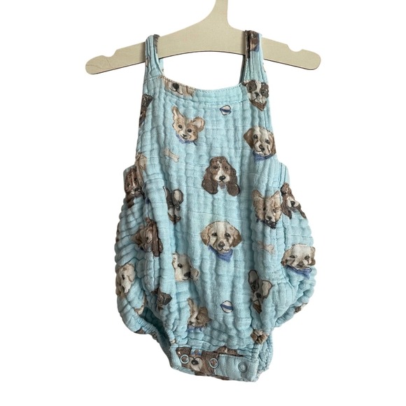 Angel Dear Other - Angel Dear Powder Blue Dog Print Organic Cotton Muslin Bubble Romper 0-3M Baby